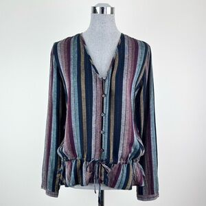 Rails Blue‎ Purple Lurex Striped Button Down Long Sleeve Top Linen blend